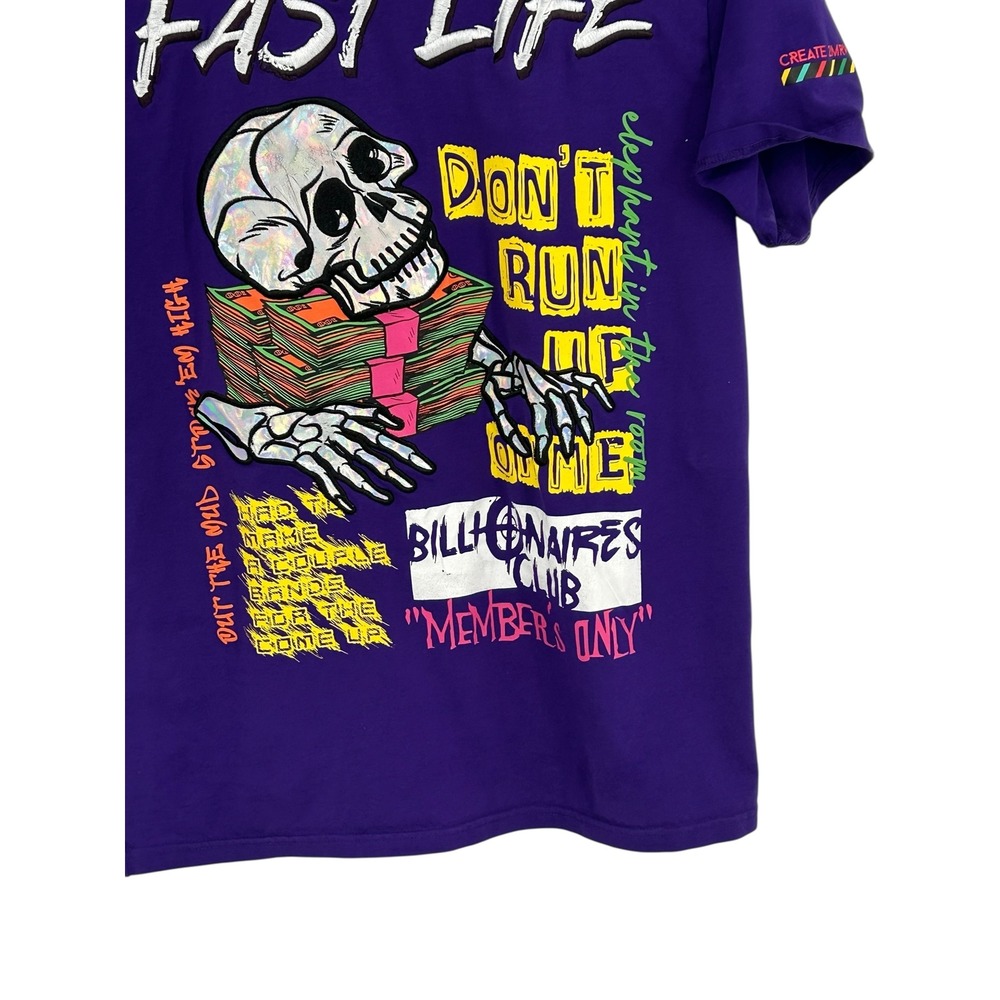 CREATE 2MRW Fast Life Skull Money Graphic T Shirt Men's Medium Purple - Picture 2 of 5